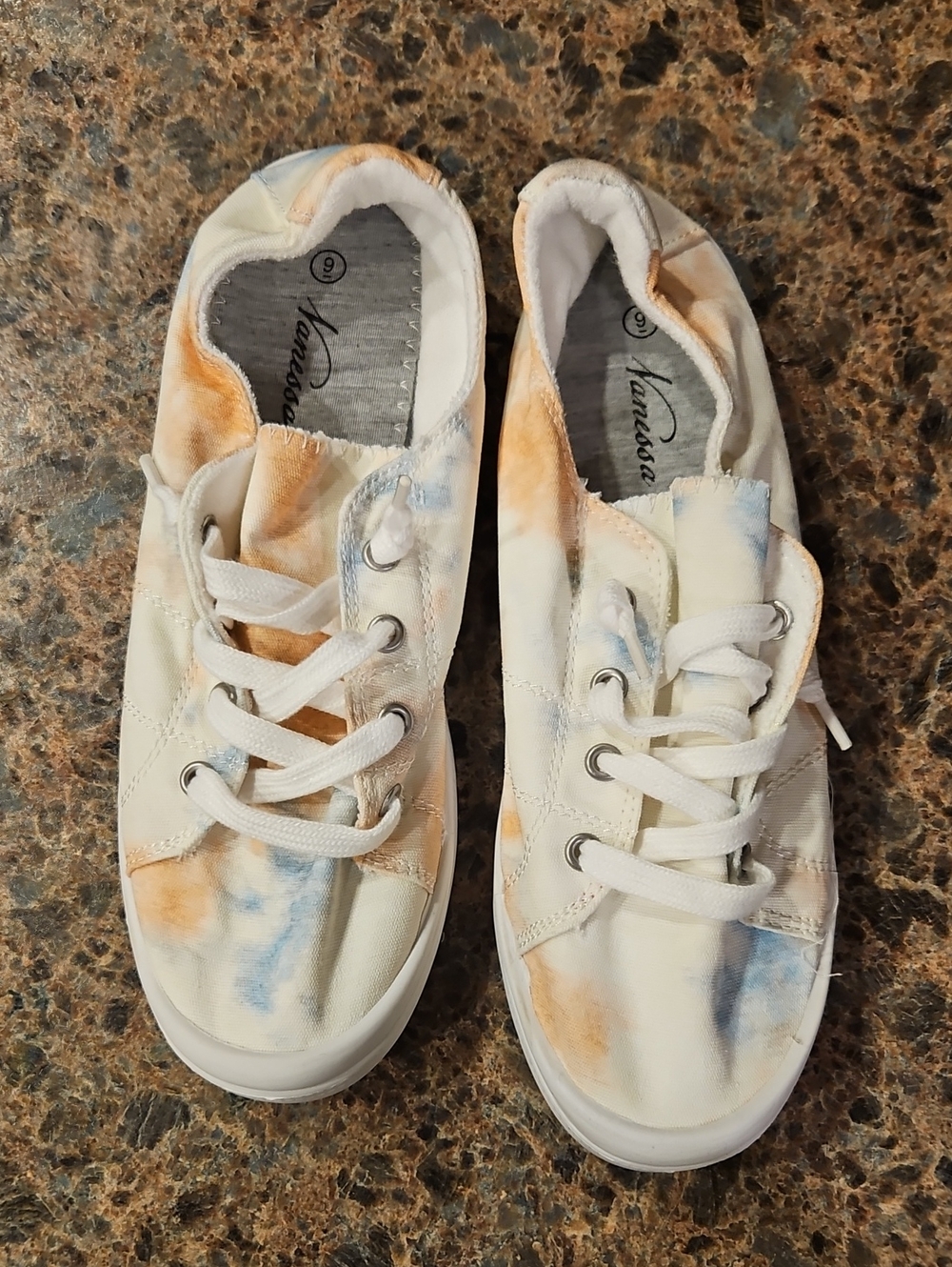 Vanessa White Canvas Tie-Dye Sneakers with Orange & Blue Accents